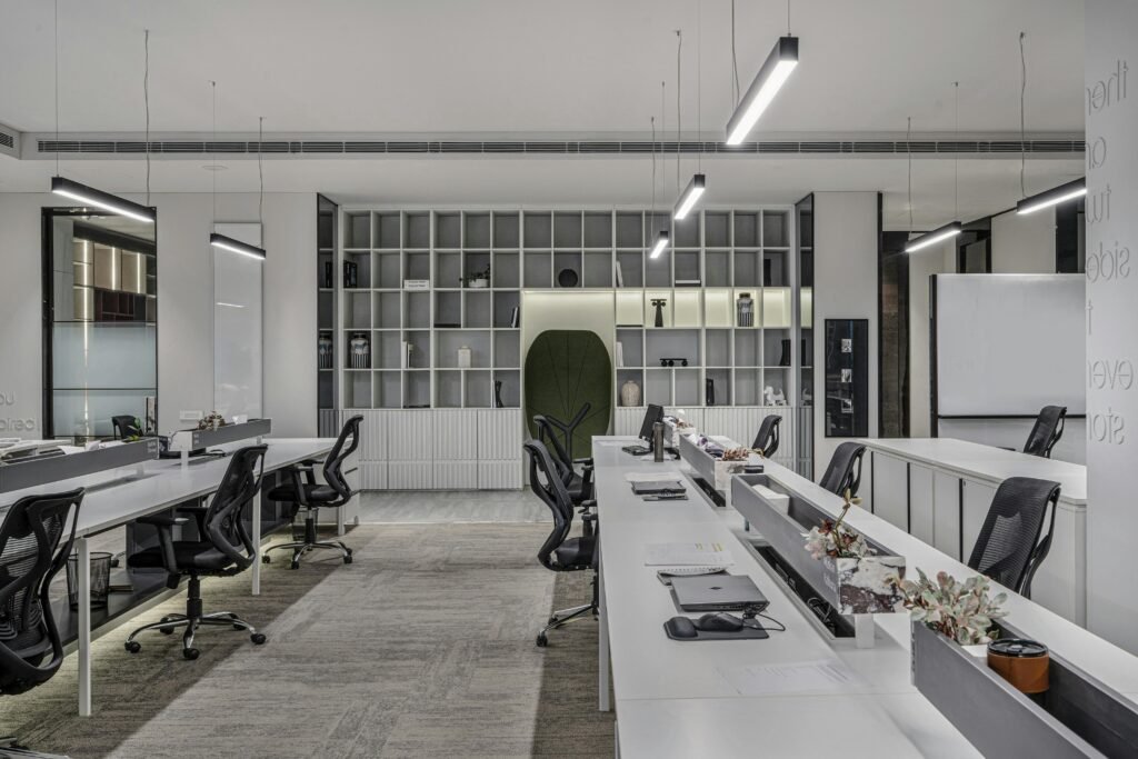 Terms & Conditions Explore this modern luxury office interior with open workspaces and sleek minimalist design.